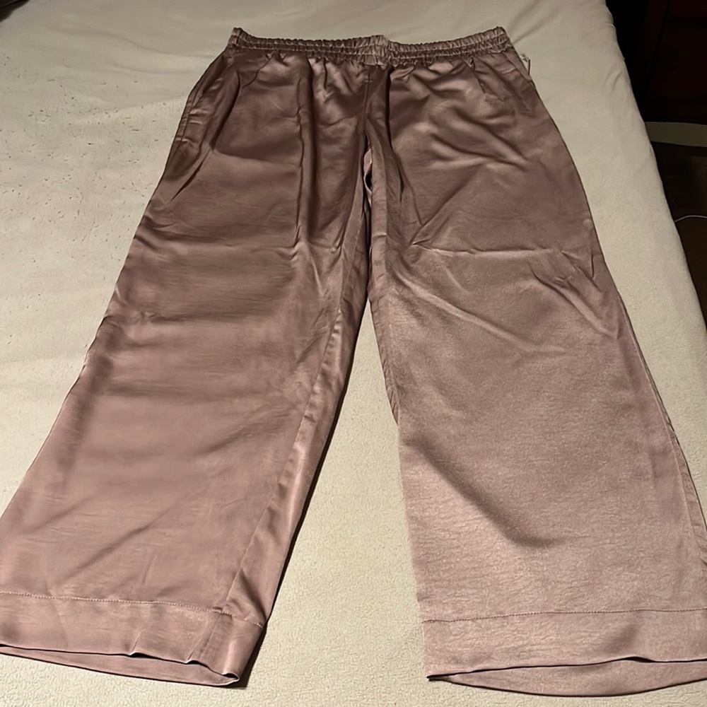 Wide leg satin dress pants with pockets in the front and back. Elastic waistband